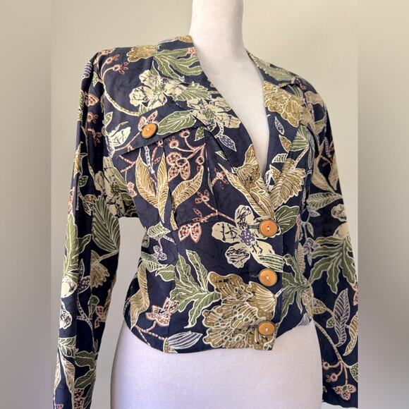 Vintage ‘90s HMS by Jonathan Martin Navy Floral Print Lightweight Cropped Blazer - Picture 5 of 8